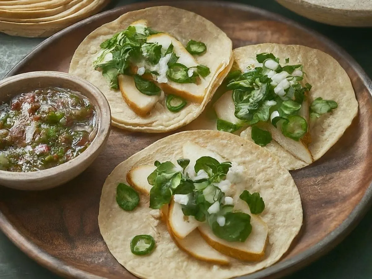 Nopalitos Tacos on Corn Tortillas with Red Cabbage Salad
