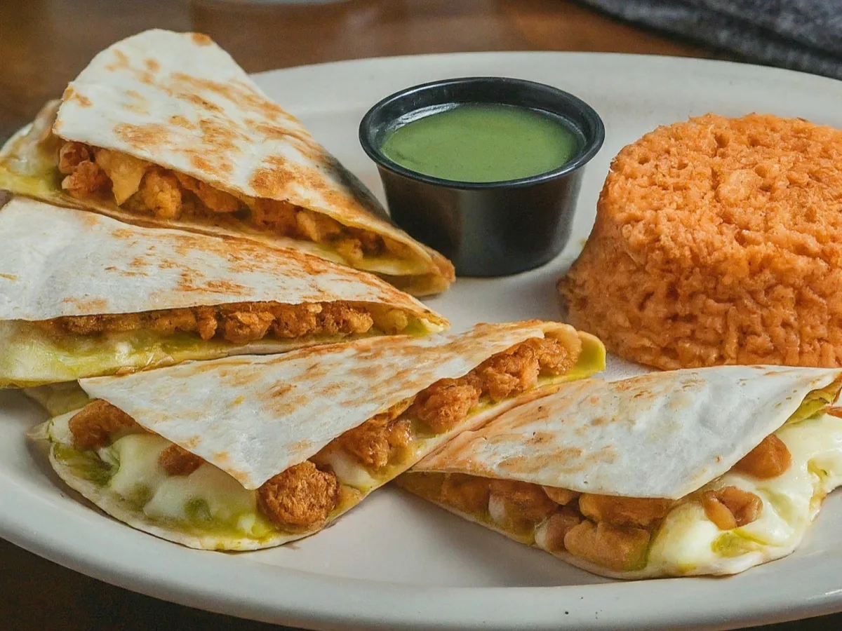 Boxed Chicharron Quesadilla With Rice and Beans