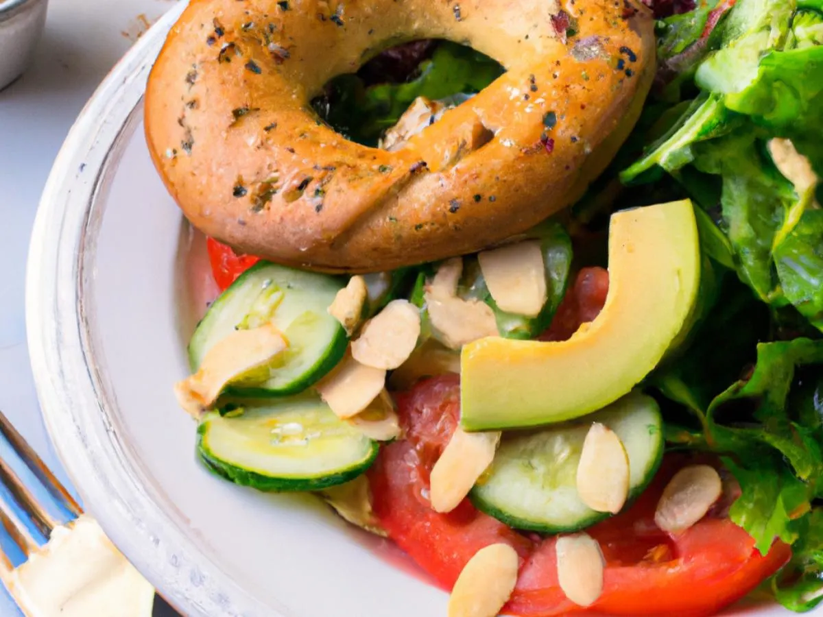Jain Friendly Mixed Greens with Tomatoes, Cucumbers, Avocado & Almonds with Whole Wheat Bagel and Almond Butter (No Beets) Jain Friendly Mixed Greens with Tomatoes, Cucumbers, Avocado & Almonds with Whole Wheat Bagel and Almond Butter (No Beets)