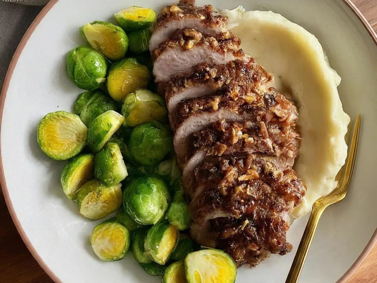 Ginger Crusted Pork with Truffle Mash & Brussels Sprouts Ginger Crusted Pork with Truffle Mash & Brussels Sprouts