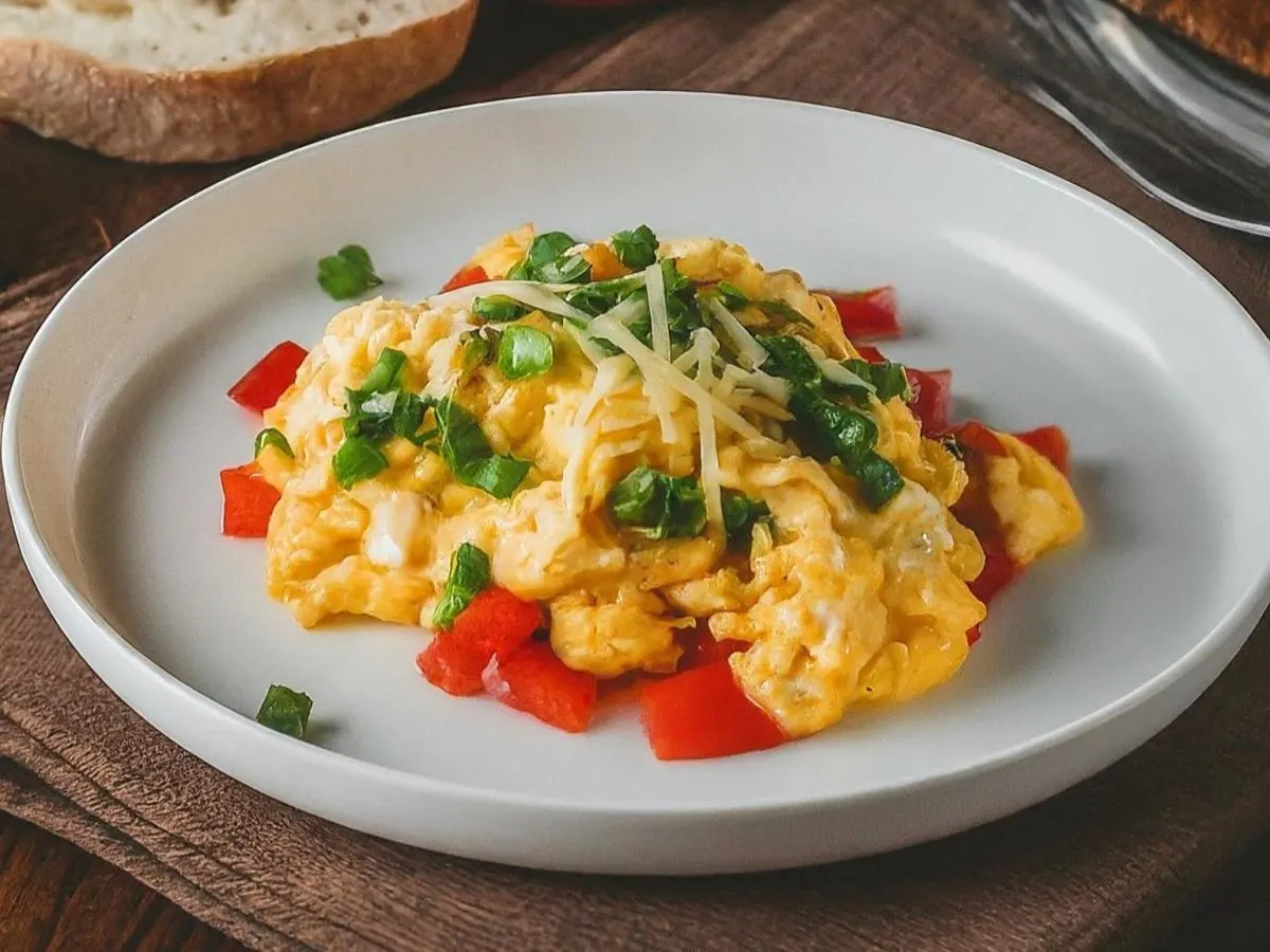 Scrambled Eggs with Peppers, Tomato, Scallions and Cheese