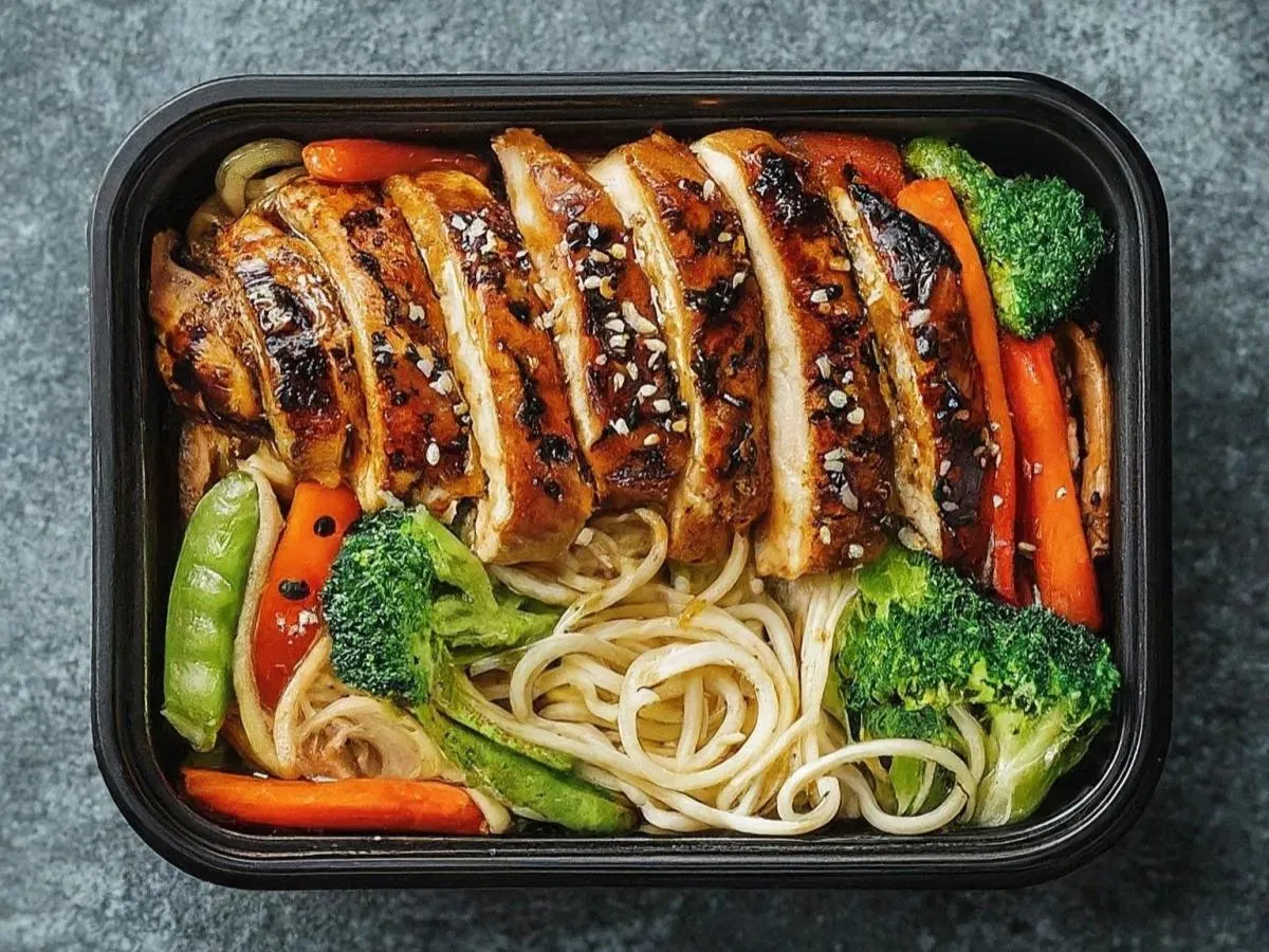 Chicken Teriyaki Boxed Meal with Noodles and Spicy! Teriyaki Sauce
