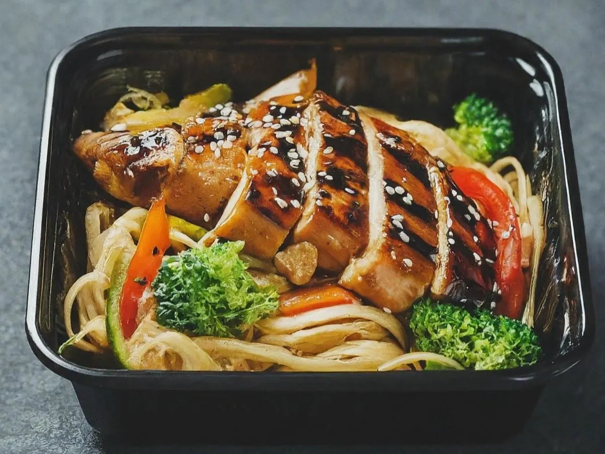 Chicken Breast Teriyaki Boxed Meal with Noodles and Spicy! Teriyaki Sauce