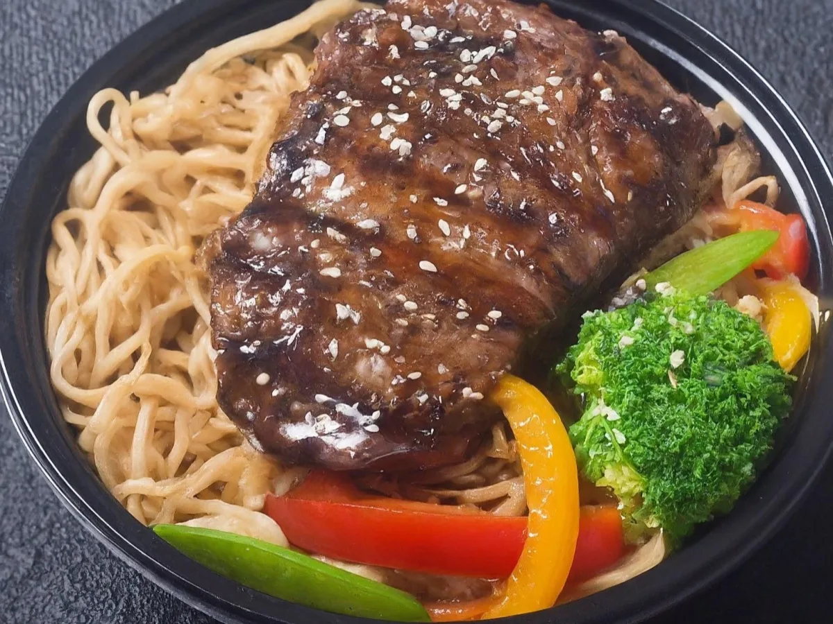 Steak Teriyaki Boxed Meal with Noodles and Teriyaki Sauce