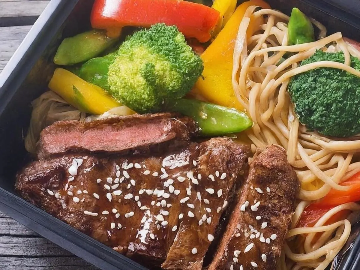 Steak Teriyaki Boxed Meal with Noodles and Spicy! Teriyaki Sauce