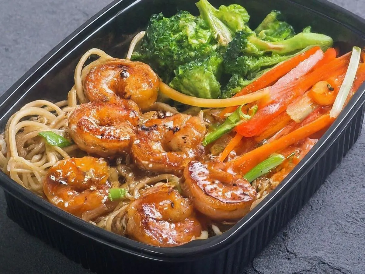 Shrimp Teriyaki Boxed Meal with Noodles and Spicy! Teriyaki Sauce