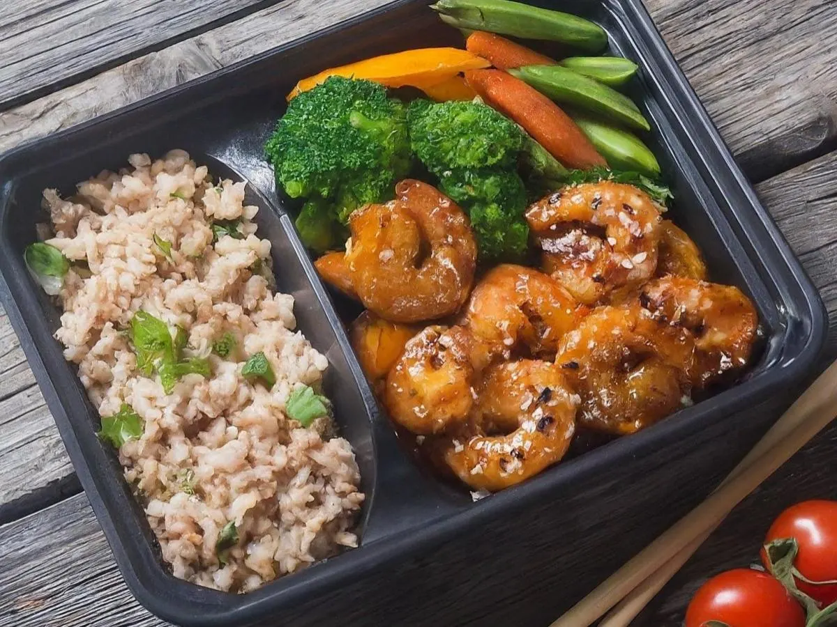 Shrimp Teriyaki Boxed Meal with Brown Rice and Teriyaki Sauce