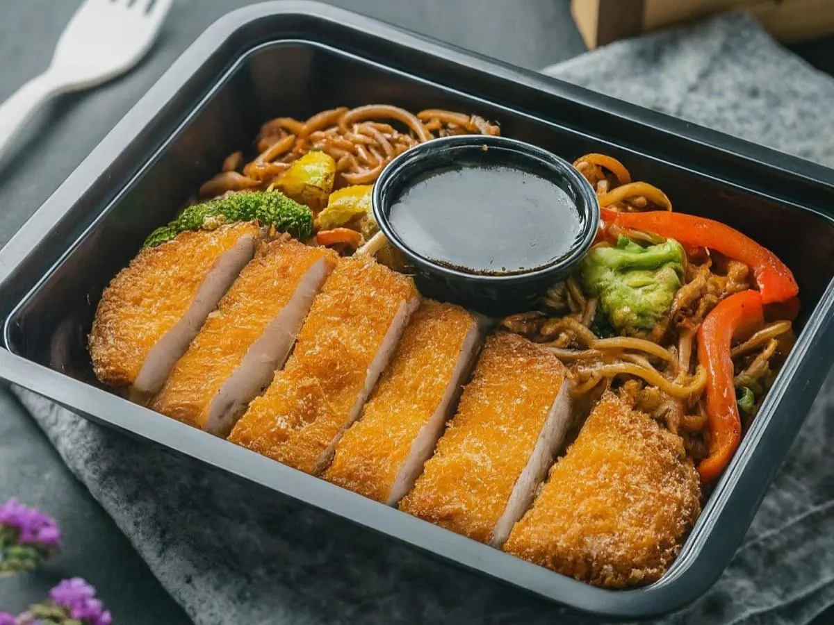Chicken Katsu Boxed Meal with Noodles and Japanese BBQ Sauce