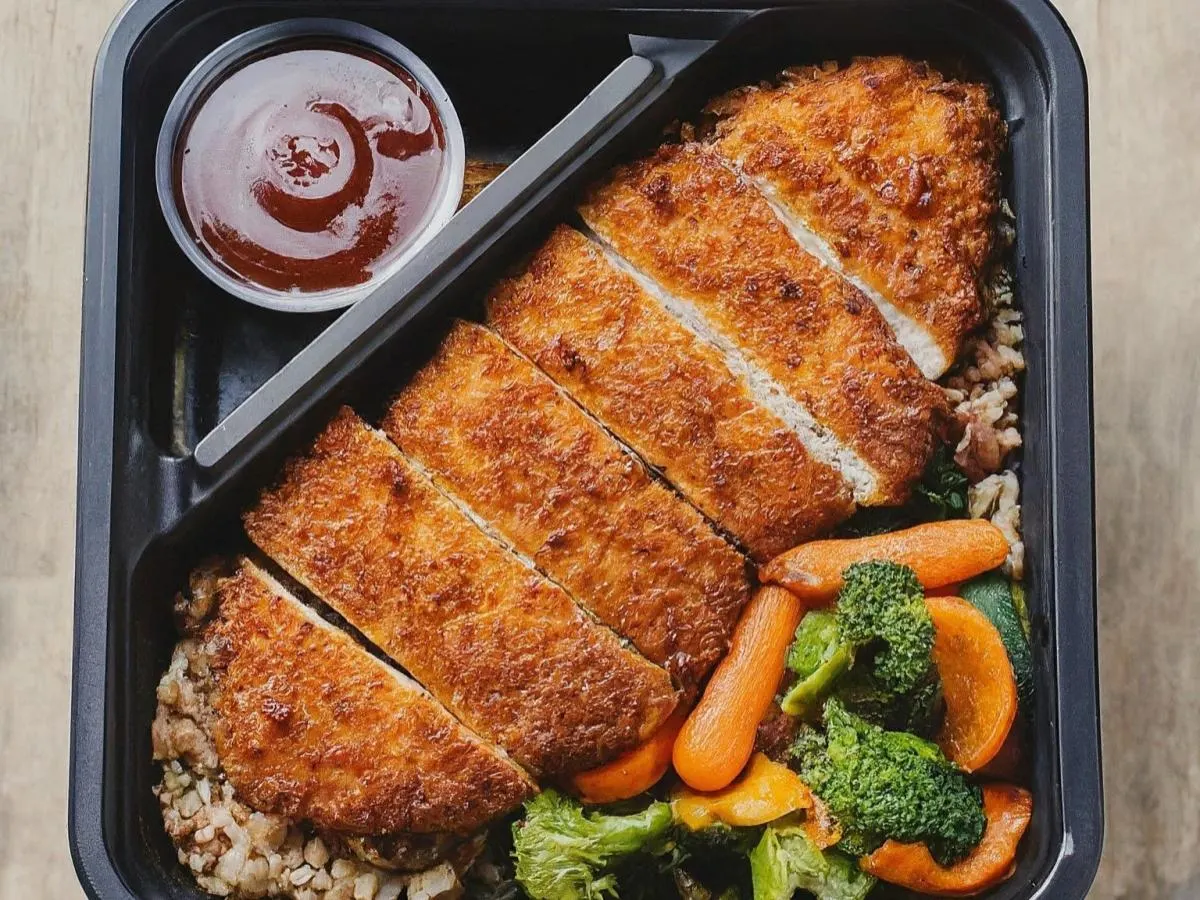 Chicken Katsu Boxed Meal with Brown Rice and Japanese BBQ Sauce
