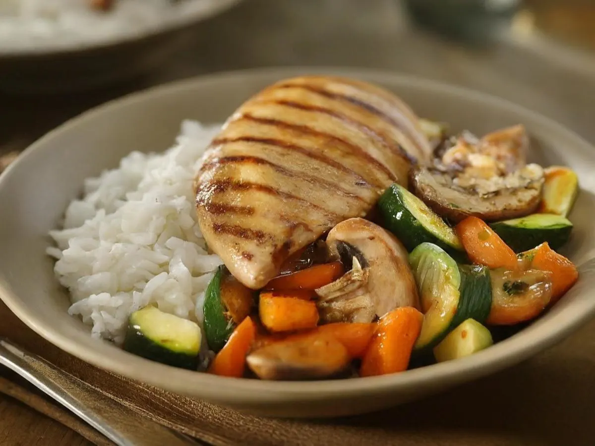 Grilled Chicken, White Rice, Carrots Mushroom Zucchini Medley Grilled Chicken, White Rice, Carrots Mushroom Zucchini Medley