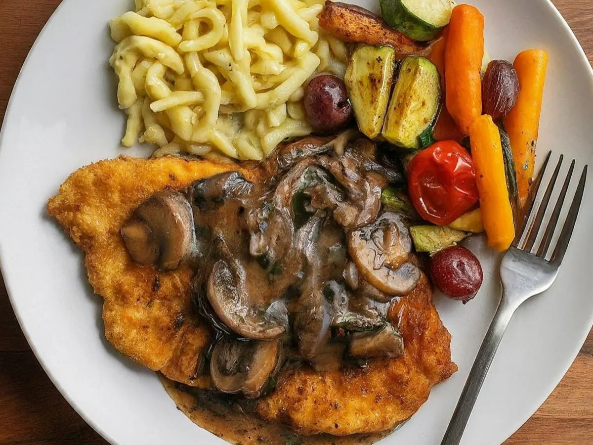 Chicken Schnitzel and Mushroom Sauce with Spaetzel and Roasted Vegetables Chicken Schnitzel and Mushroom Sauce with Spaetzel and Roasted Vegetables
