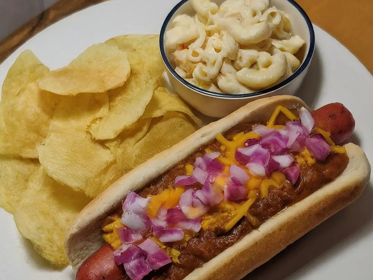 Vegetarian Chili Cheese Hot Dog Meal