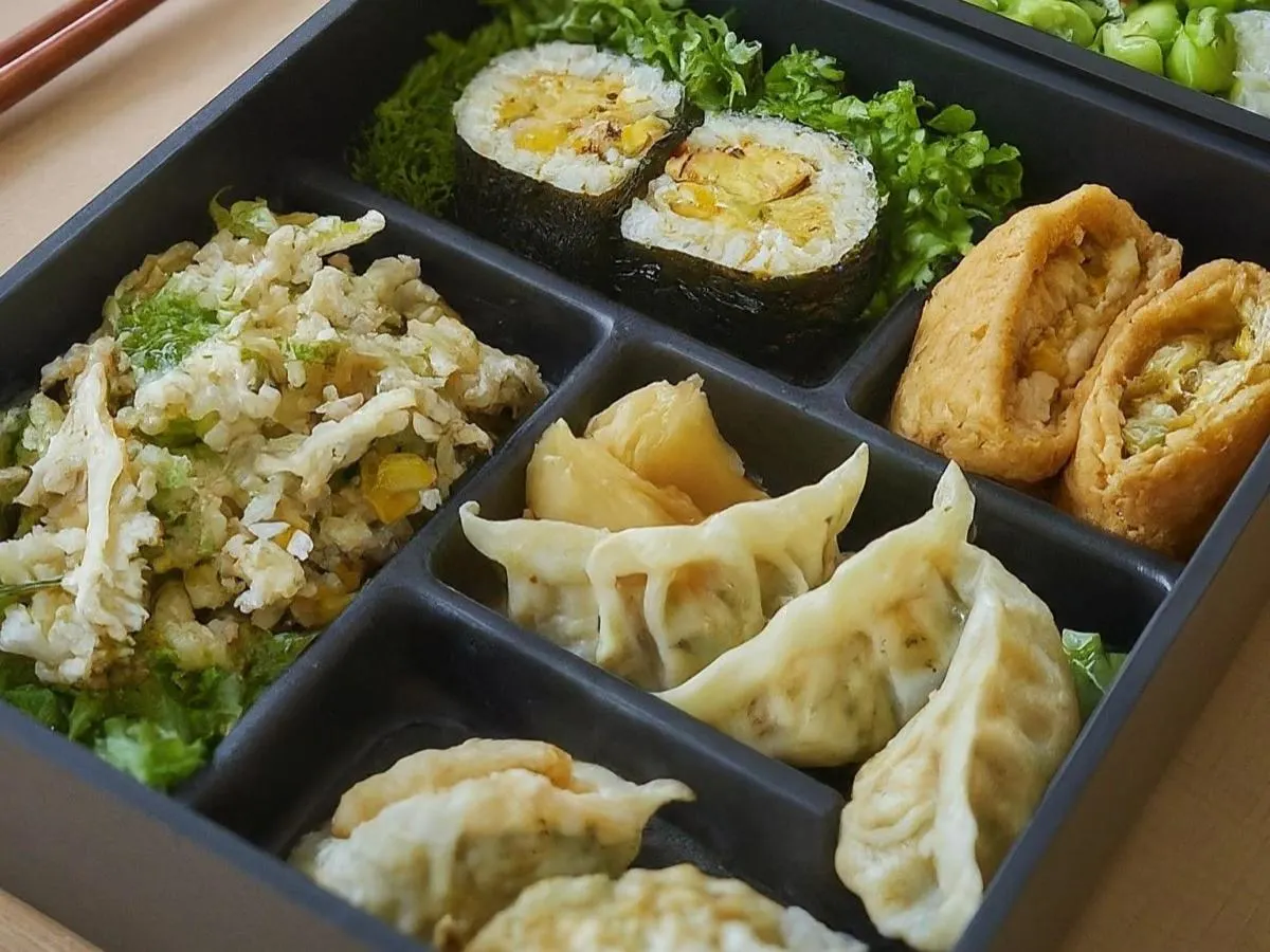Yam Tempura Roll, Corn & Edamame Inari, Spicy Edamame & Wakame, Vegetable Gyoza Yam Tempura Roll, Corn & Edamame Inari, Spicy Edamame & Wakame, Vegetable Gyoza