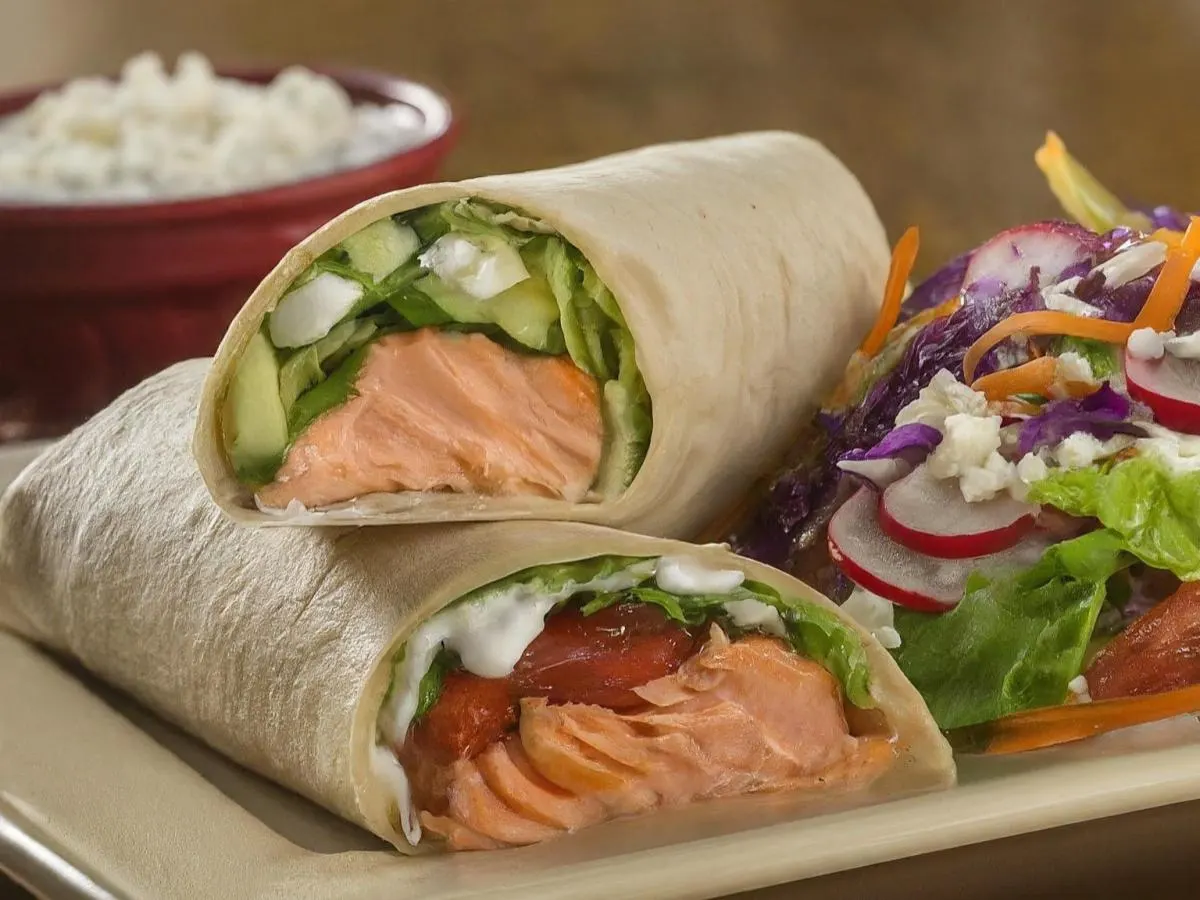 Grilled Salmon Wrap & House Salad Grilled Salmon Wrap & House Salad
