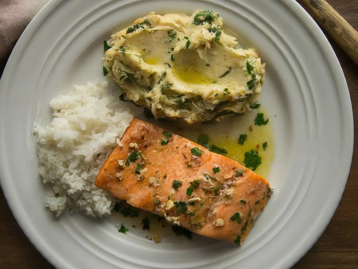 Mediterranean Marinated Salmon, Rustic Mashed Potatoes and White Rice