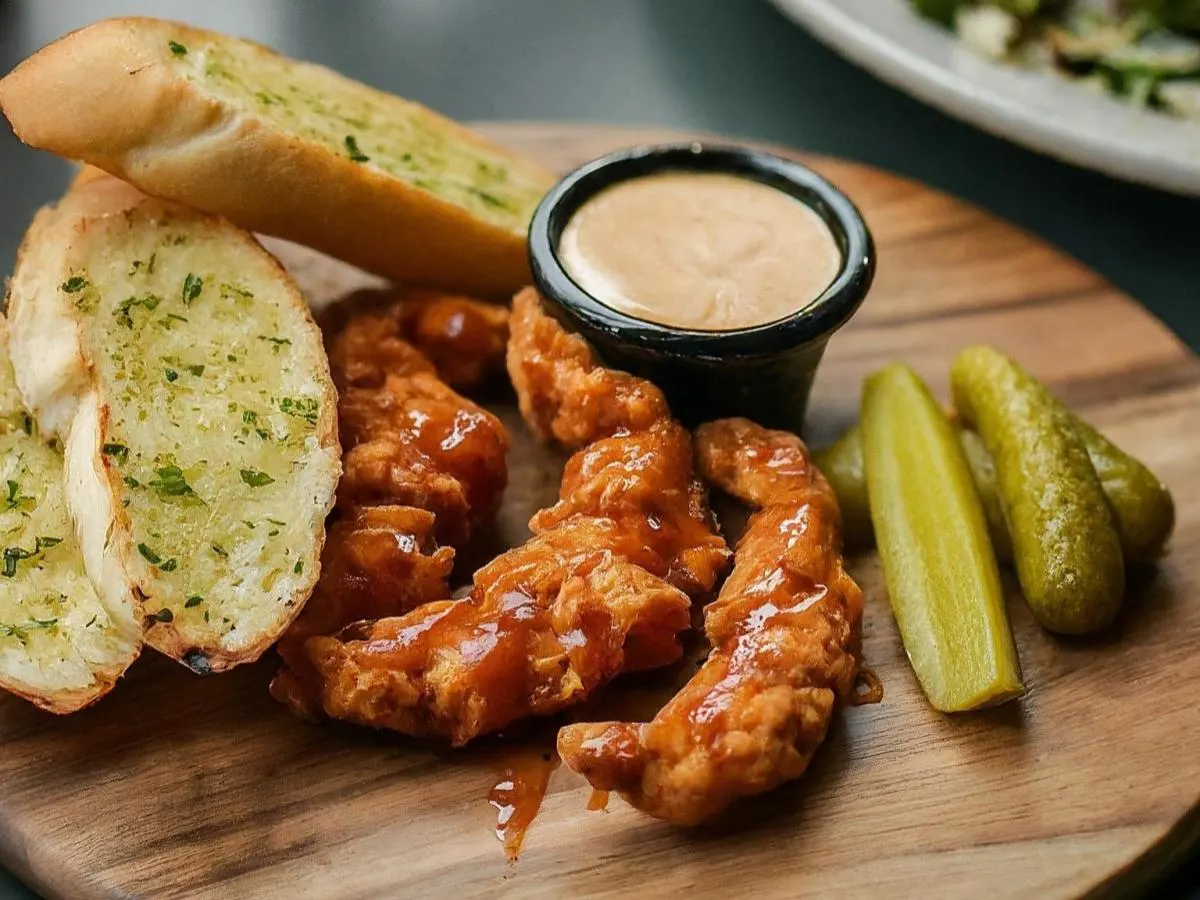 Chicken Tenders with Cheesy Mashed Potatoes, Garlic Bread