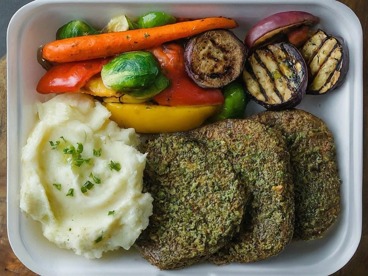 Herb Crusted Seitan with Mashed Potatoes & Grilled Veggies