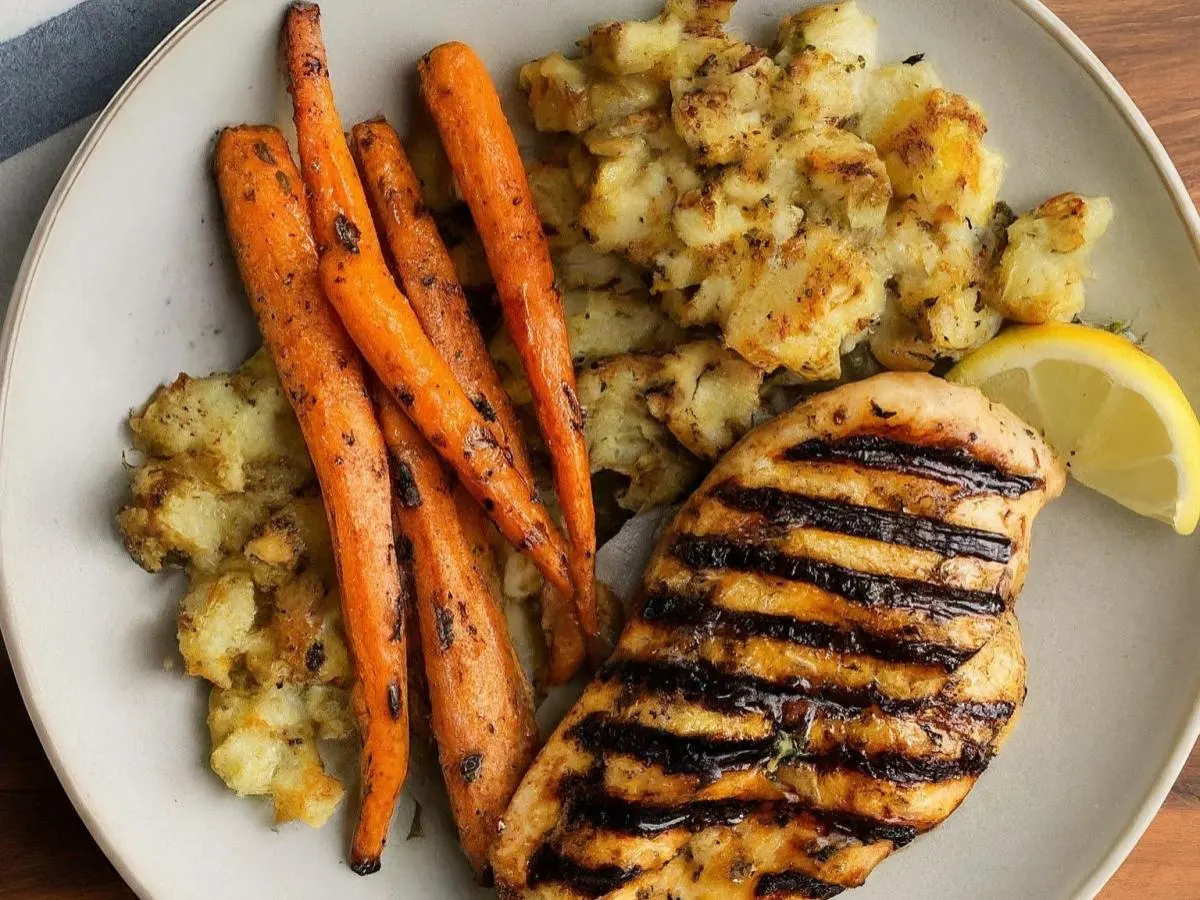 Lemon Herb Grilled Chicken Served with Crushed Cajun Potato & Roasted Carrots Lemon Herb Grilled Chicken Served with Crushed Cajun Potato & Roasted Carrots