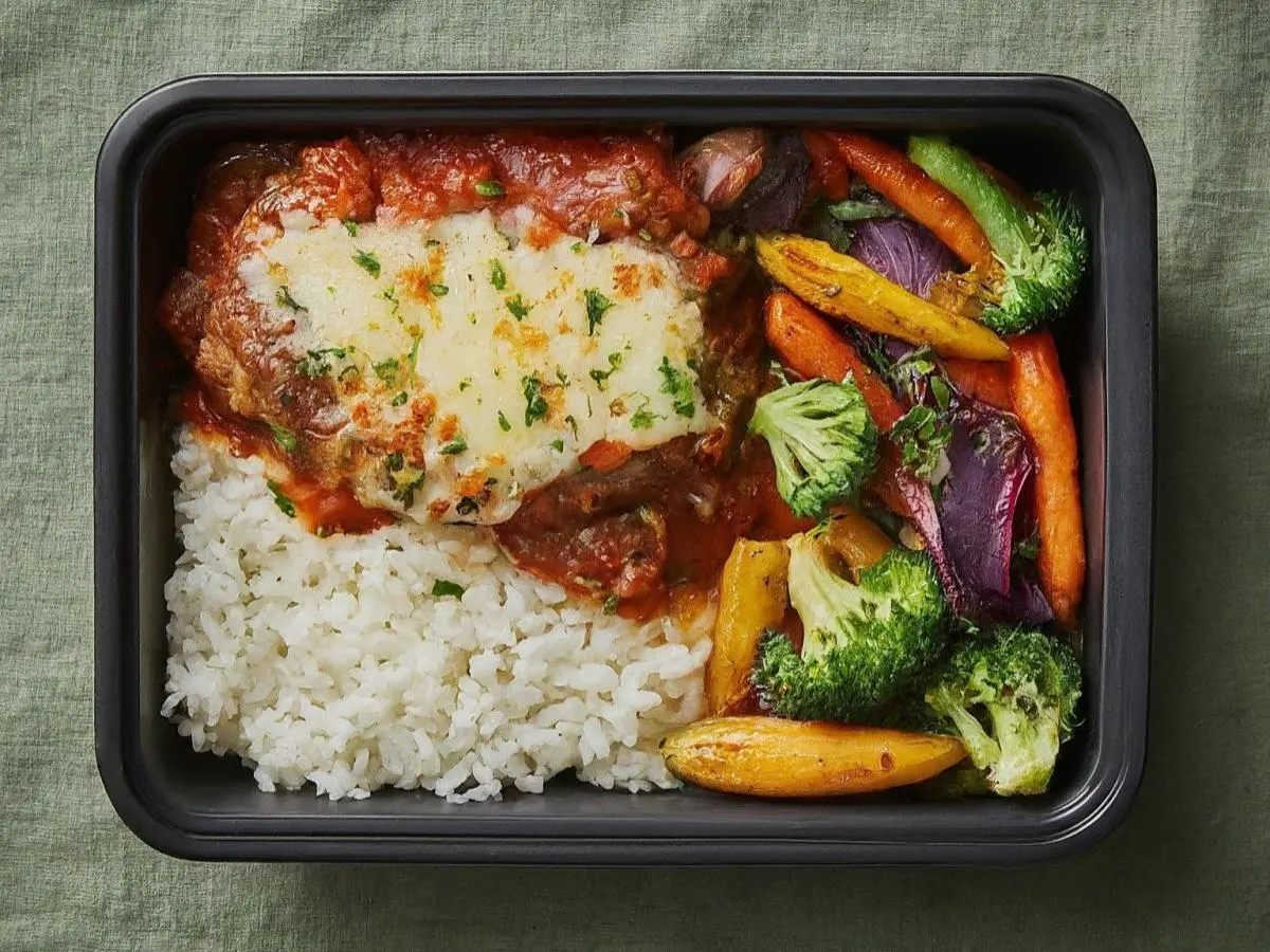 Beef Parmigiana, White Rice and Roasted Vegetables