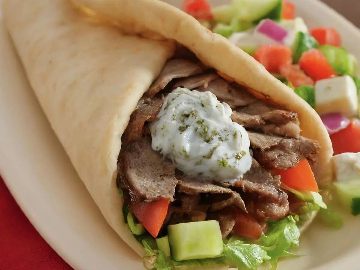 Lamb and Beef Gyro Wrap and Greek Salad & Tzatziki Lamb and Beef Gyro Wrap and Greek Salad & Tzatziki