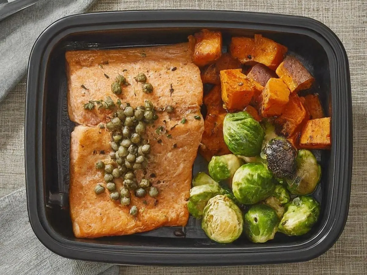 Roasted Salmon Served with Capers Served with Roasted Sweet Potato & Chili Crisp Brussels Sprouts Roasted Salmon Served with Capers Served with Roasted Sweet Potato & Chili Crisp Brussels Sprouts