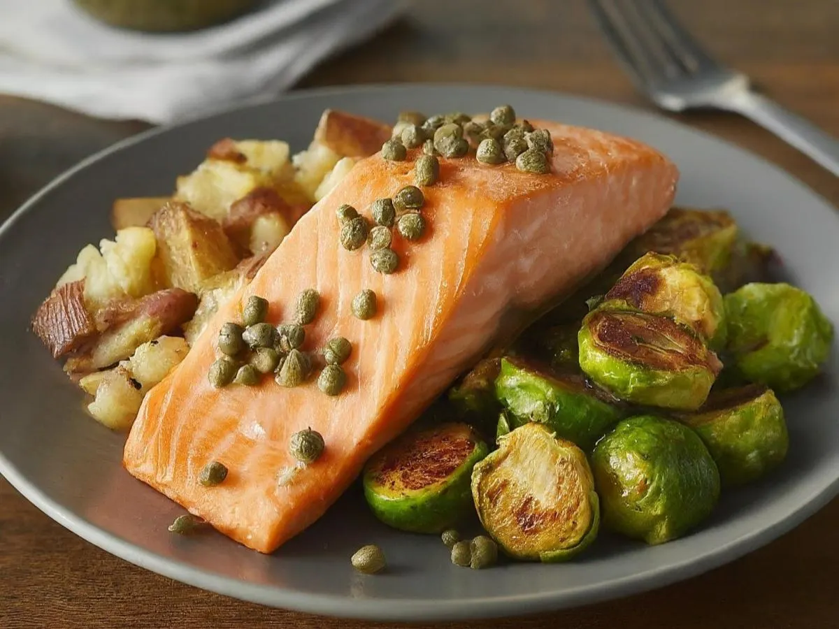 Roasted Salmon Served with Capers Served with Crushed Cajun Potato & Chili Crisp Brussels Sprouts Roasted Salmon Served with Capers Served with Crushed Cajun Potato & Chili Crisp Brussels Sprouts