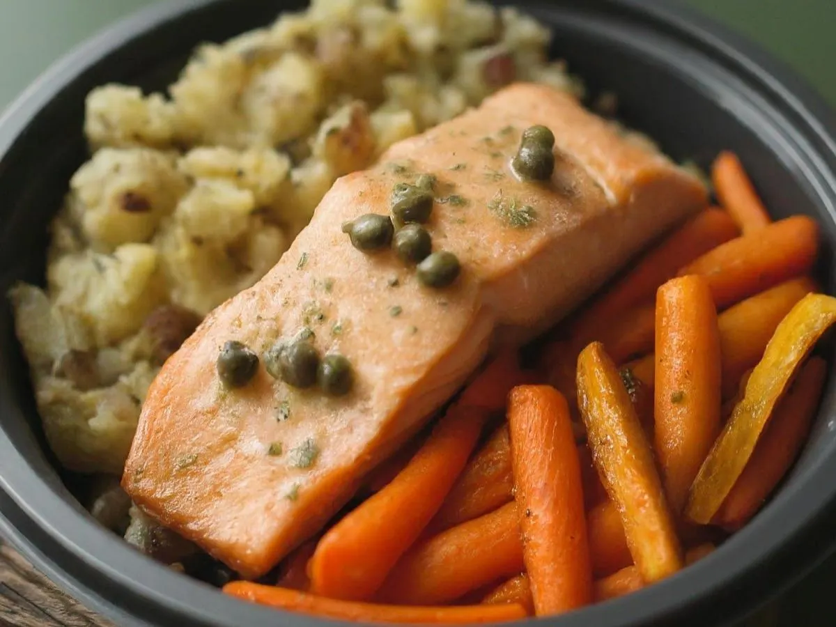 Roasted Salmon Served with Capers Served with Crushed Cajun Potato & Roasted Carrots Roasted Salmon Served with Capers Served with Crushed Cajun Potato & Roasted Carrots