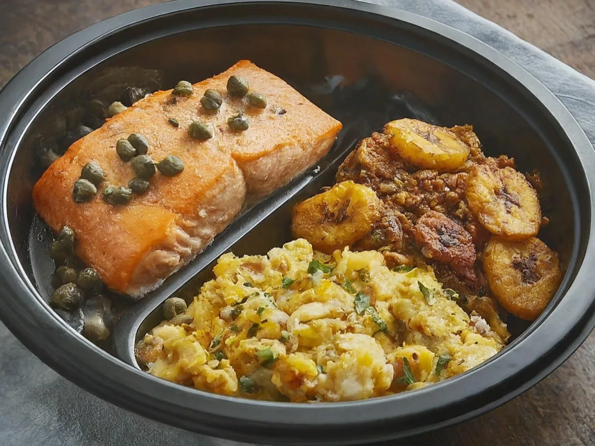 Roasted Salmon Served with Capers Served with Crushed Cajun Potato & Sweet Plantain Casserole Roasted Salmon Served with Capers Served with Crushed Cajun Potato & Sweet Plantain Casserole
