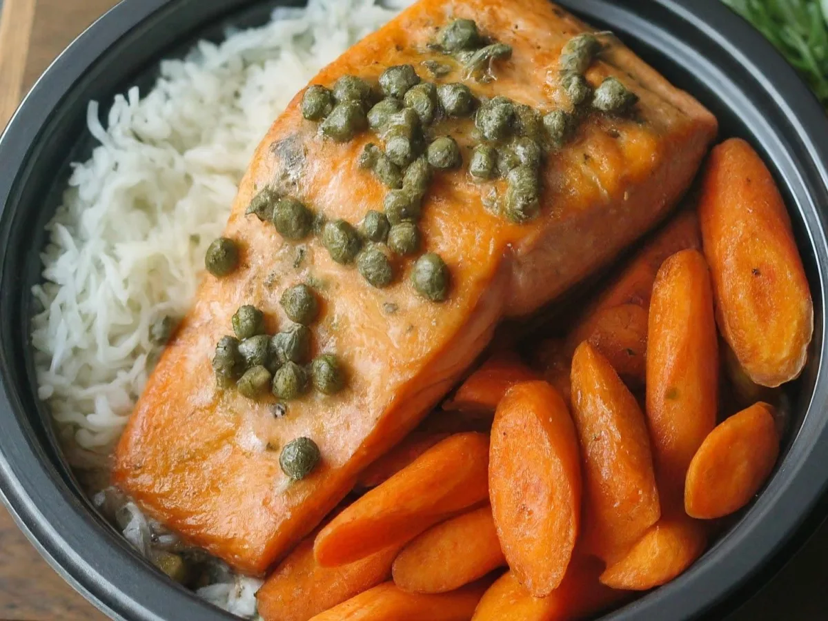 Roasted Salmon Served with Capers Served with Rosemary Jasmine Rice & Roasted Carrots Roasted Salmon Served with Capers Served with Rosemary Jasmine Rice & Roasted Carrots