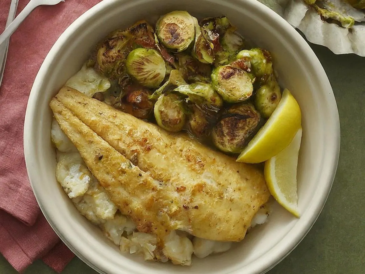 Dill Flounder Served with Crushed Cajun Potato & Chili Crisp Brussels Sprouts Dill Flounder Served with Crushed Cajun Potato & Chili Crisp Brussels Sprouts