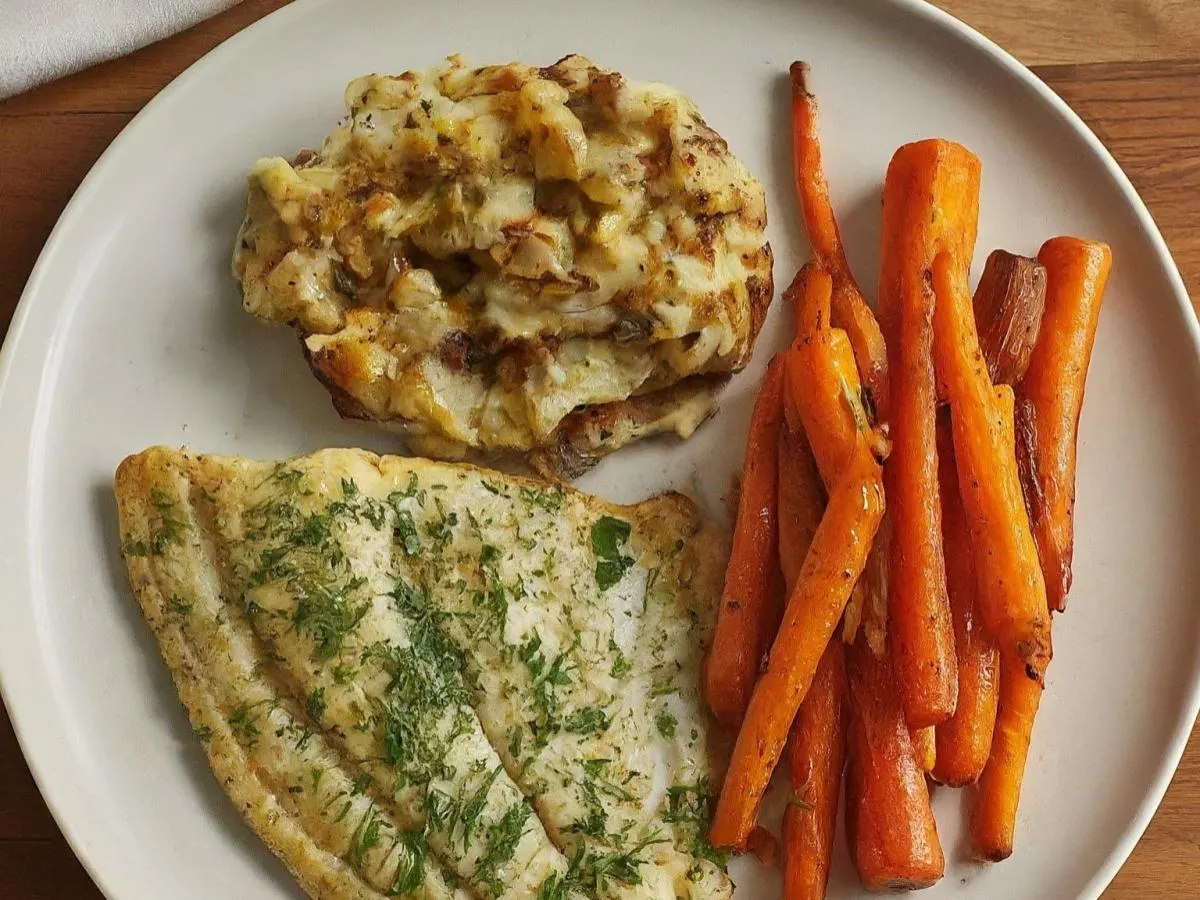 Dill Flounder Served with Crushed Cajun Potato & Roasted Carrots Dill Flounder Served with Crushed Cajun Potato & Roasted Carrots