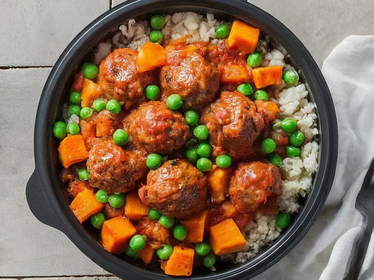 LC Beef meatball w/tomato sauce, peas, carrots, sweet potato, cauliflower rice LC Beef meatball w/tomato sauce, peas, carrots, sweet potato, cauliflower rice
