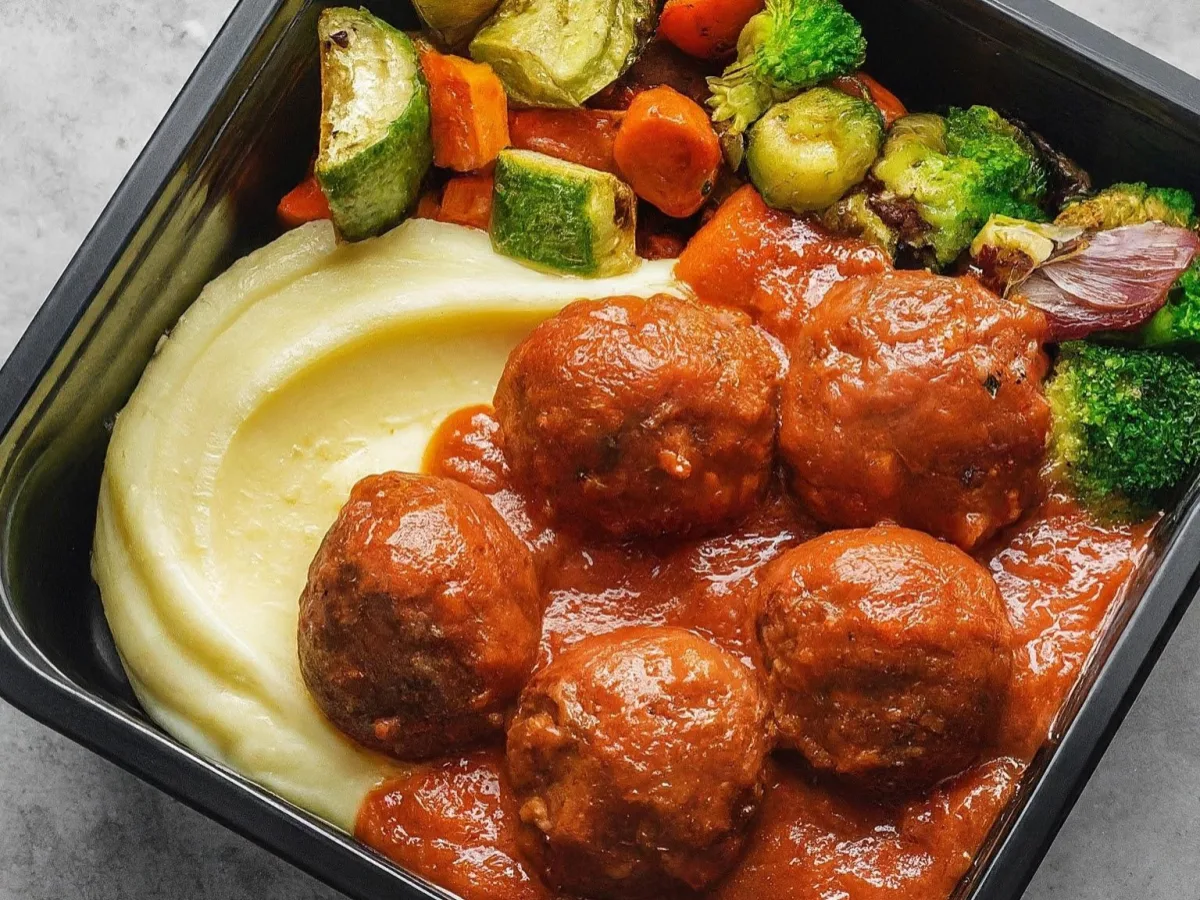 Beef Meatballs in Tomato Sauce with Mashed Potatoes and Roasted Veggies Beef Meatballs in Tomato Sauce with Mashed Potatoes and Roasted Veggies