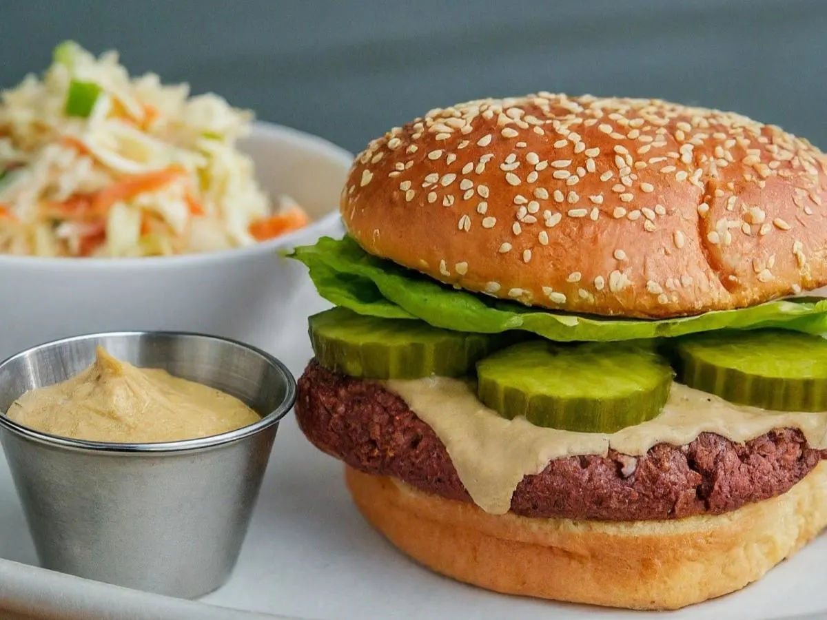 Vegan Impossible Burger with Cole Slaw and Hummus Vegan Impossible Burger with Cole Slaw and Hummus