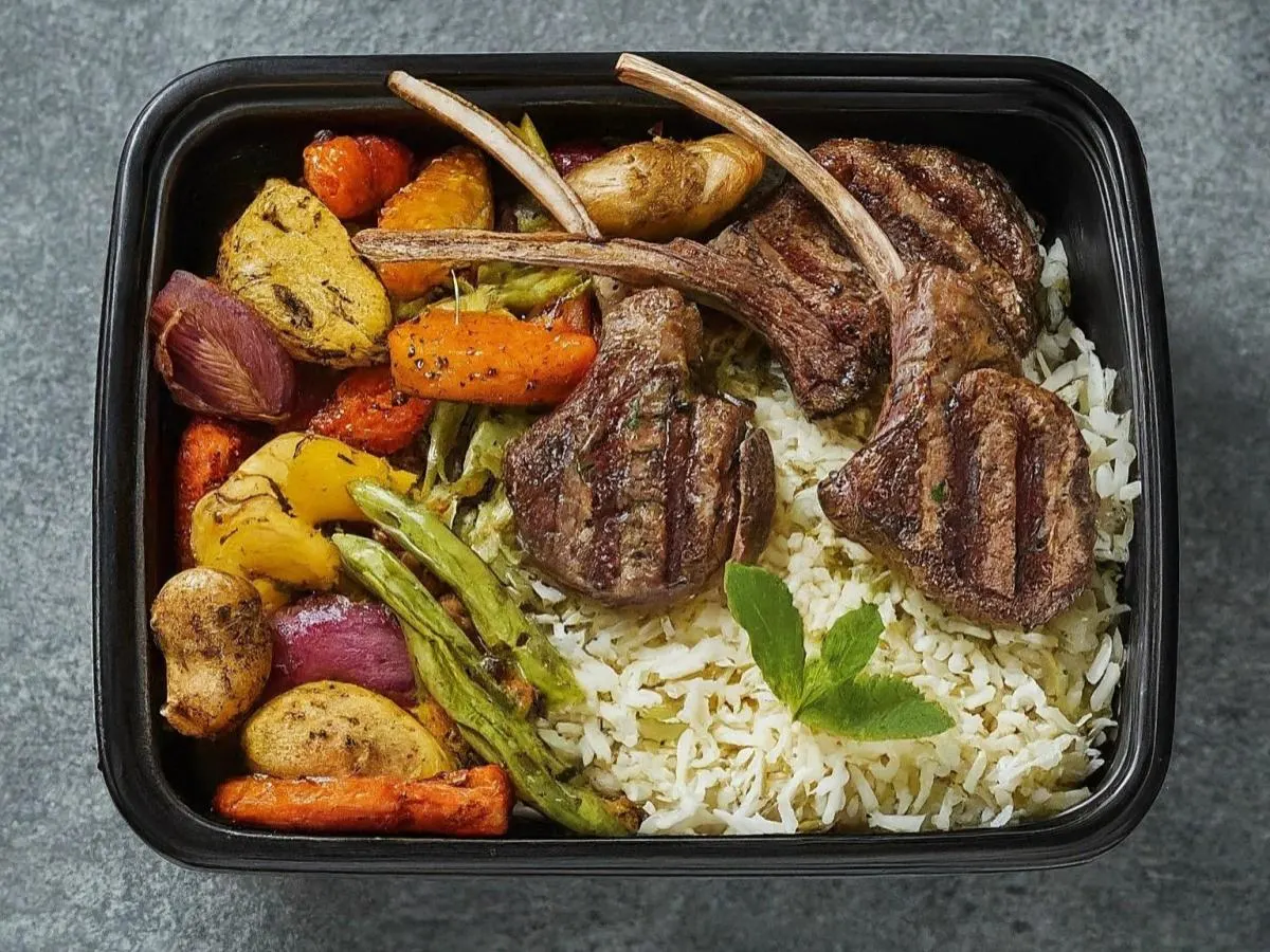 Lamb Chops with Seasoned Rice and Roasted Veggies Lamb Chops with Seasoned Rice and Roasted Veggies