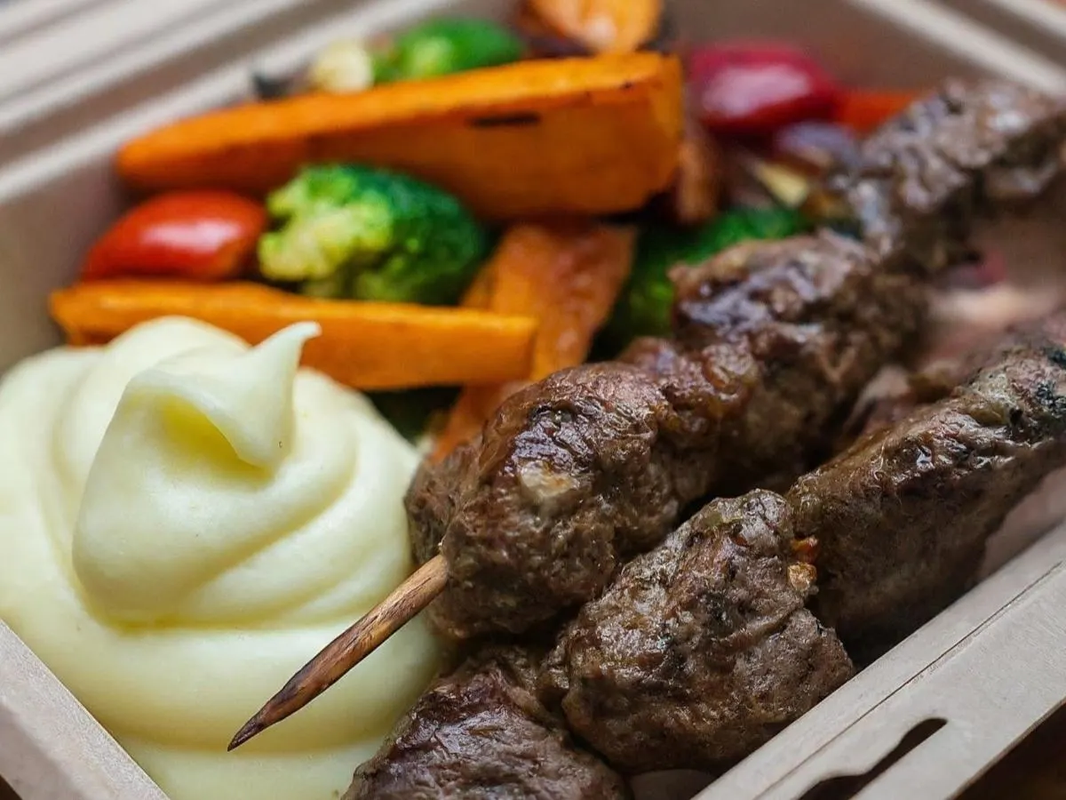 Lamb Loin Kebabs with Mashed Potatoes and Roasted Veggies Lamb Loin Kebabs with Mashed Potatoes and Roasted Veggies
