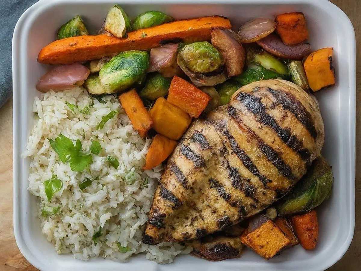 Grilled Chicken with Seasoned Rice and Roasted Veggies Grilled Chicken with Seasoned Rice and Roasted Veggies