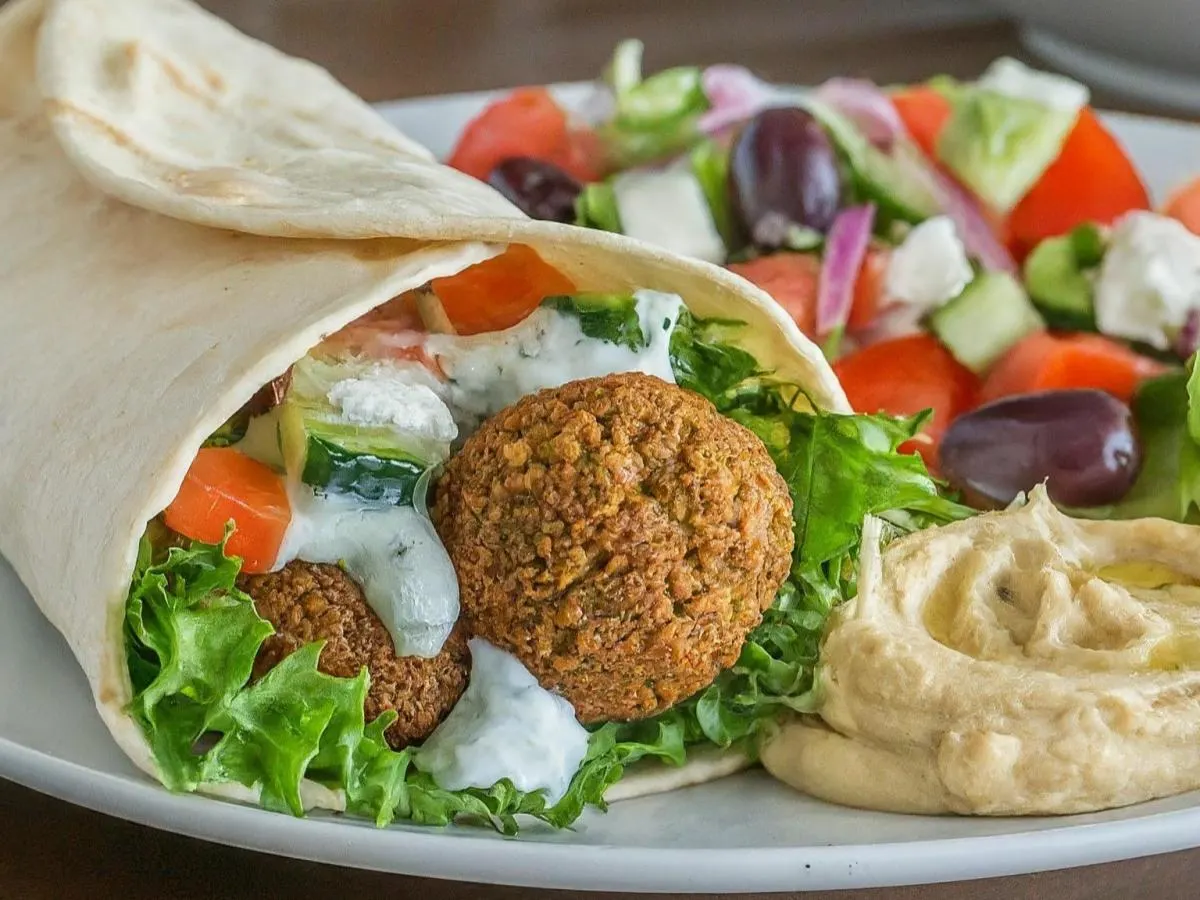 Falafel Gyro Wrap and Greek Salad & Tzatziki Falafel Gyro Wrap and Greek Salad & Tzatziki