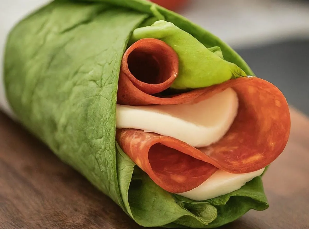 Pepperoni and Mozzarella on Spinach Wrap Pepperoni and Mozzarella on Spinach Wrap