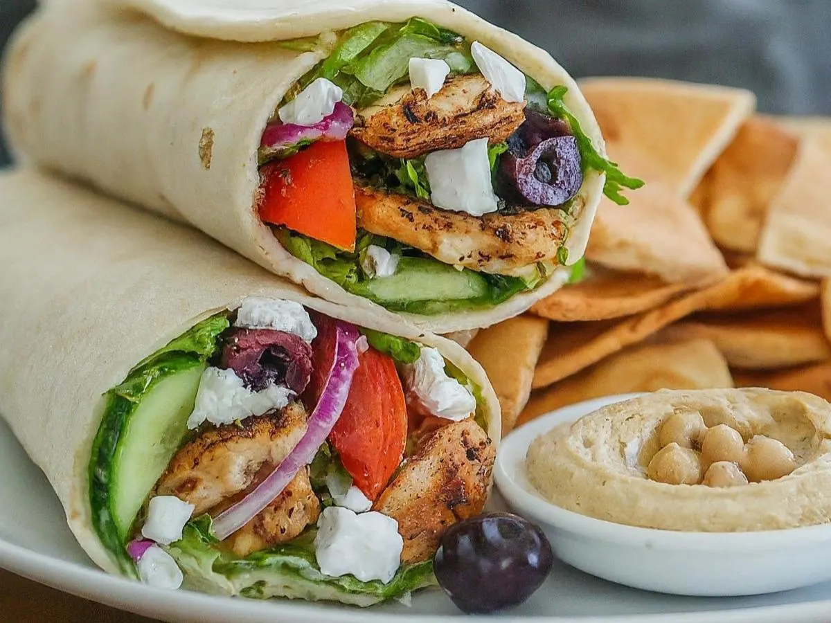 Chicken Greek Wrap Lunch with Pita Chips, Hummus, and a Chocolate Chip Cookie