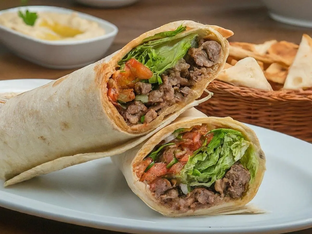 Adana Kebab Wrap Lunch with Pita Chips, Hummus, and a Chocolate Chip Cookie