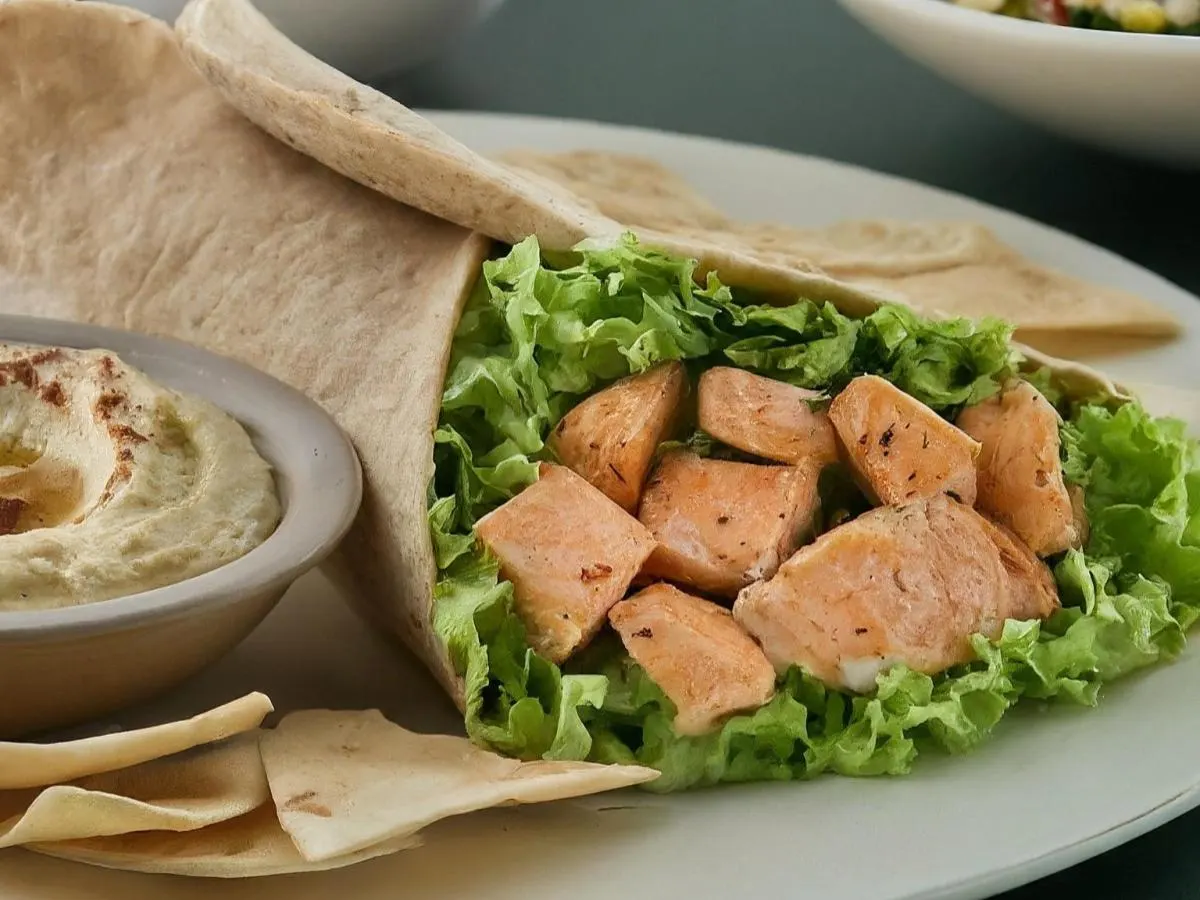 Salmon Kebab Wrap Lunch with Pita Chips, Hummus, and a Chocolate Chip Cookie