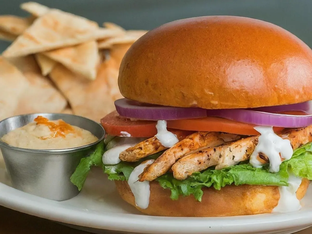 Texas Buffalo on Brioche with Pita Chips, Hummus, & Chocolate Chip Cookie