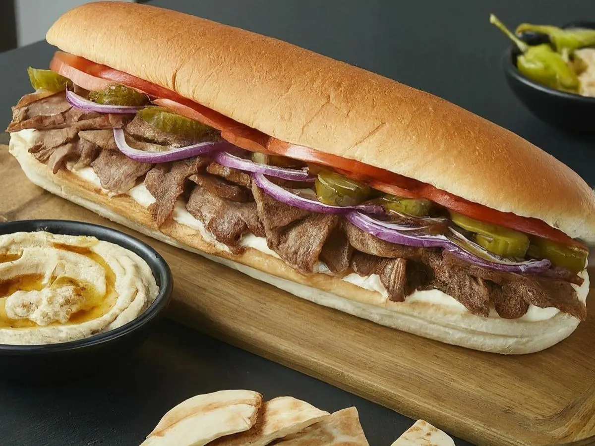 Doner (Gyro) on Sub Roll with Pita Chips, Hummus, & Chocolate Chip Cookie