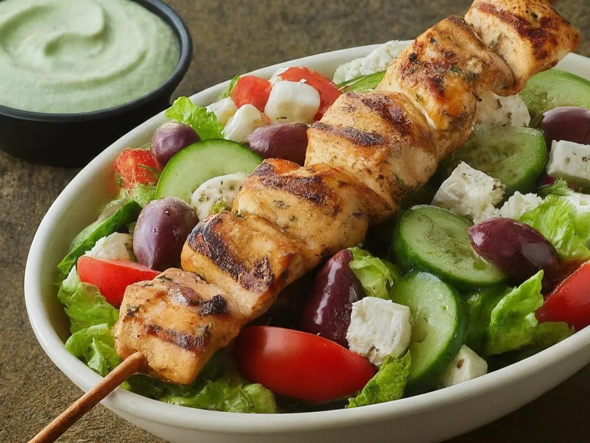 Chicken Skewer over Salad with Pita and Hummus