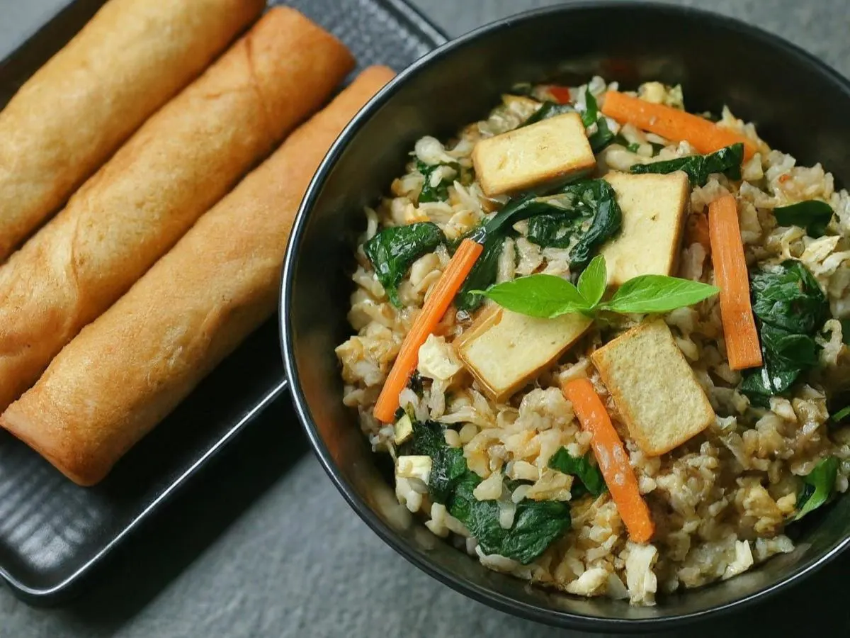 Tofu Basil Fried Rice with Vegetable Egg Roll Tofu Basil Fried Rice with Vegetable Egg Roll
