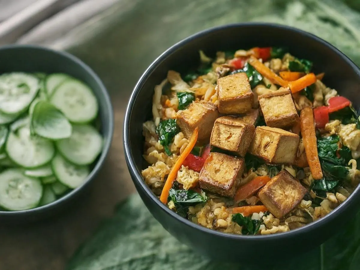 Vegan Tofu Basil Fried Rice with Cucumber Salad Vegan Tofu Basil Fried Rice with Cucumber Salad