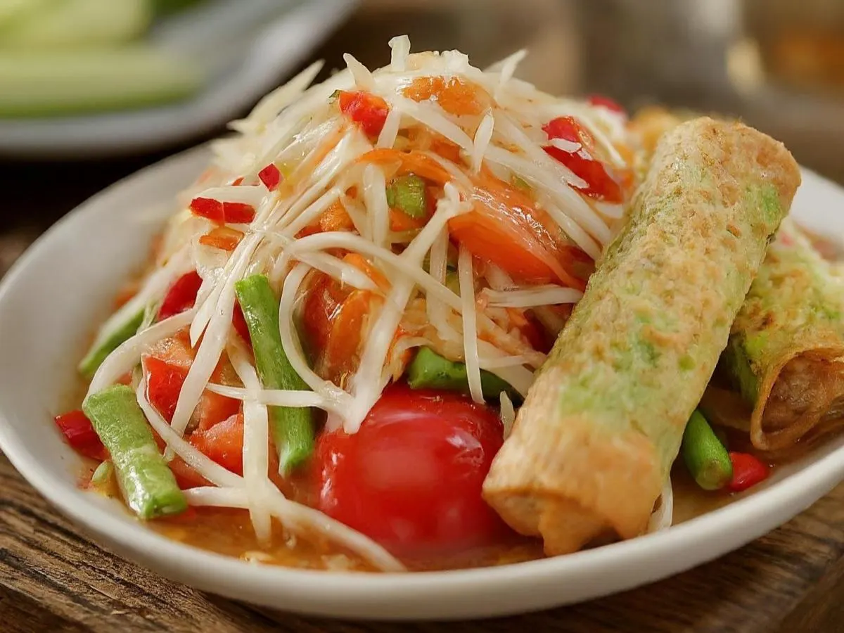 Peanut Free Papaya Salad with Vegetable Egg Rolls Peanut Free Papaya Salad with Vegetable Egg Rolls