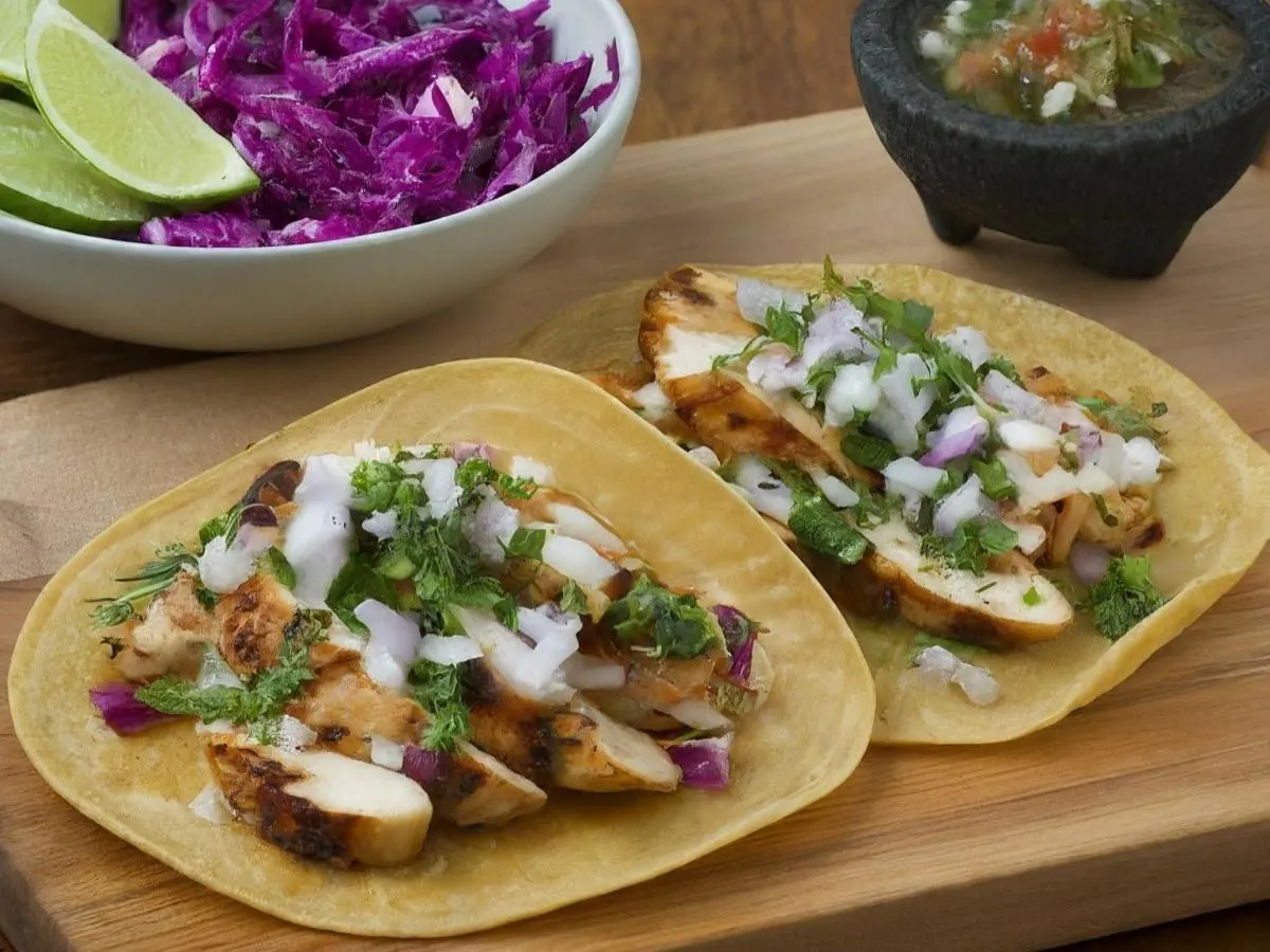 Chicken Tacos on Corn Tortillas with Red Cabbage Salad