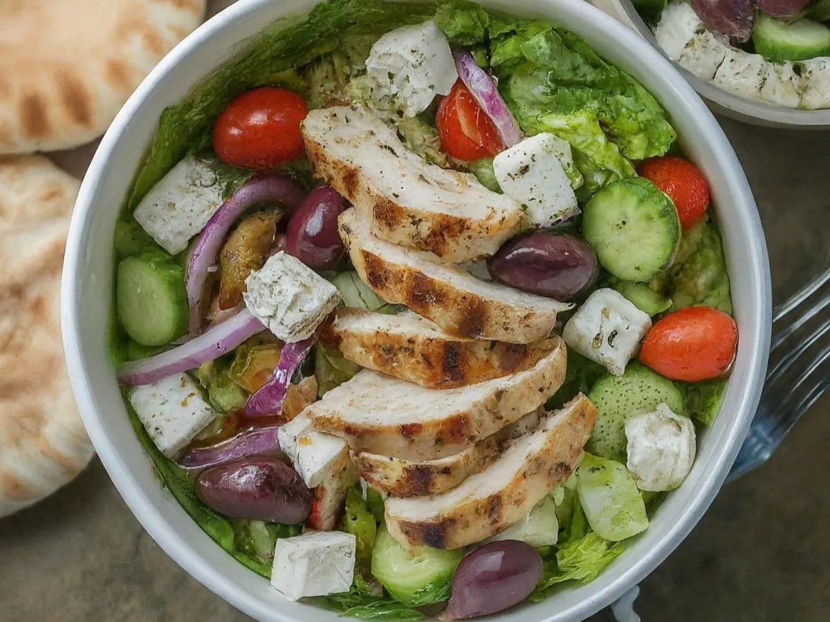 Greek Salad with Grilled Chicken and Vinaigrette & Pita Greek Salad with Grilled Chicken and Vinaigrette & Pita